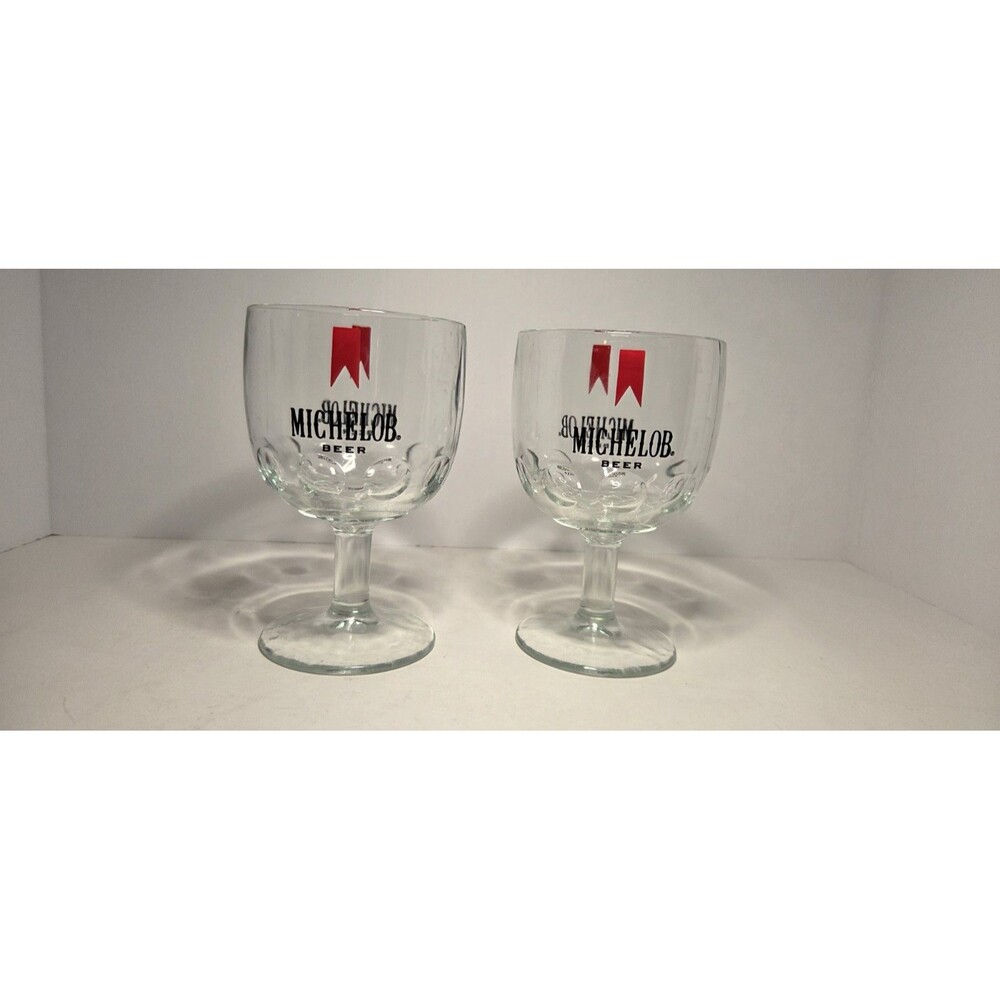 1970s, Set Of 2, Michelob Beer Goblets, Glass-Footed, Thumbprint,  6" Tall, Bar